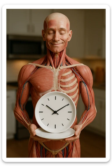 corpo umano anatomico, che tiene in mano un piatto bianco con la lancette di un orologio sopra, figura visibile fino ai fianchi, espressione del volto soddisfatta, sullo sfondo la sua cucina sfocata, iperrealistico 4k sticker