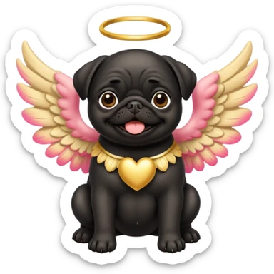 Black pug with big fluffy cream colored angel wings with gold dust on them sticker
