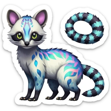 Rare iridescent white exotic epic aesthetic colorful Trico-Civet-species-Fakemon-hybrid-creature, with intricate tattoo markings, full body sticker