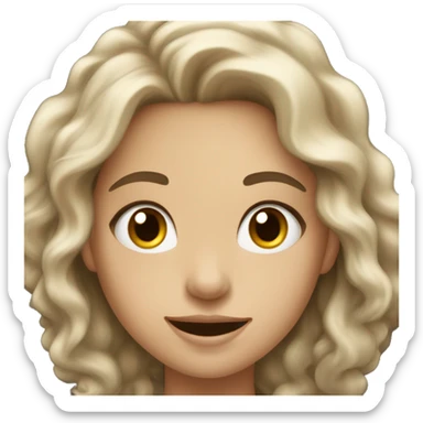 a girl with light skin, wavy chatain hair and grey eyes who is happy and look at here computer like a winner sticker