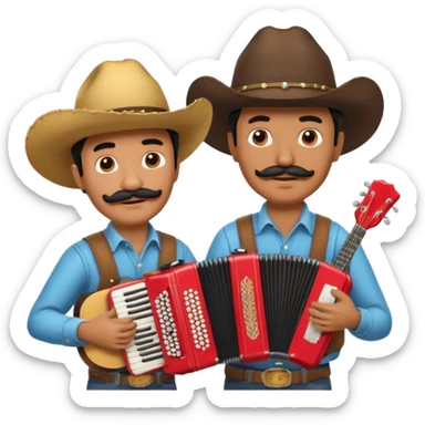 Man with black mustache wearing a cowboy hat playing the accordion, next to a man with a black mustache, wearing a cowboy hat, playing the guitar  sticker