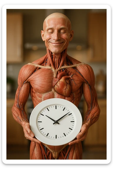 corpo umano anatomico, che tiene in mano un piatto bianco con la lancette di un orologio sopra, figura visibile fino ai fianchi, espressione del volto soddisfatta, sullo sfondo la sua cucina sfocata, iperrealistico 4k sticker