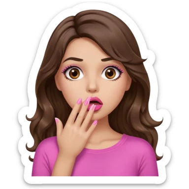 girl with long wavy brown hair, brown eyes, long lashes makeup, sexy pink lips, light to medium complexion, pink sexy top, shocked, hand covering mouth sticker