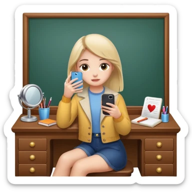 Girl sitting at vanity taking out picture with iphone 15 plus and study materials on the vanity sticker