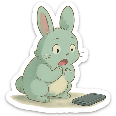 mint bunny shocked looking at phone on ground, soft ghibli style sticker