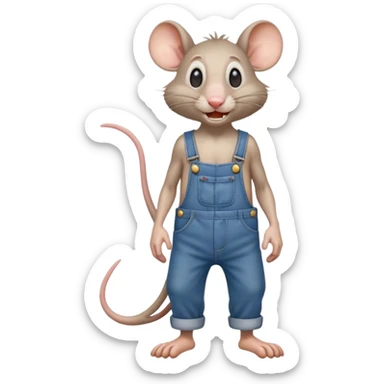 cartoonish skinny drunk hillbilly rat wearing overalls no shirt. standing and talking full body. human eyes. teeth showing sticker
