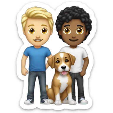 gay-couple,-1-guy-latino-black-straight-black-hair-and-1-australian-white-guy-with-blonde-slightly-curly-hair-holding-a-dog sticker