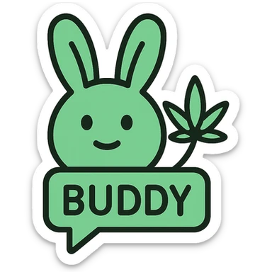 modern rabbit mascot icon for an AI chatbot named Buddy, with a green color palette and a hint of cannabis leaf, clean and tech-inspired sticker