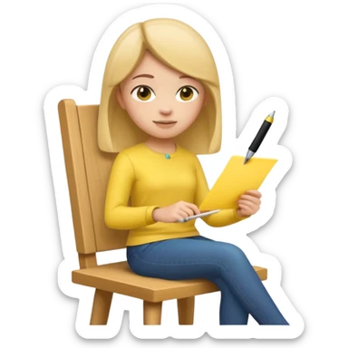 Memoji girl sitting on a chair writing on a sticky note sticker