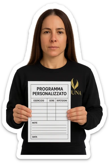 Donna con in mano Scheda di allenamento di palestra con scritto "Programma Personalizzato" sticker