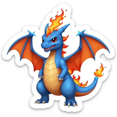 cute minimalistic charizard pokemon throwhing flames 2 horns, blue wings only on the inside part sticker