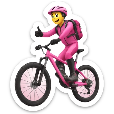 mountain biker on pink bike with thumb up sticker