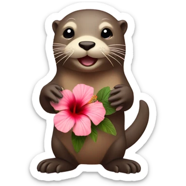 otter holding a hibiscus flower sticker