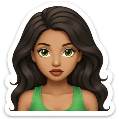 light brown skin tone, very beautiful woman, with big plump lips, long long lashes, black long wavy hair, middle hair parting, brown eyes, green tank top sticker