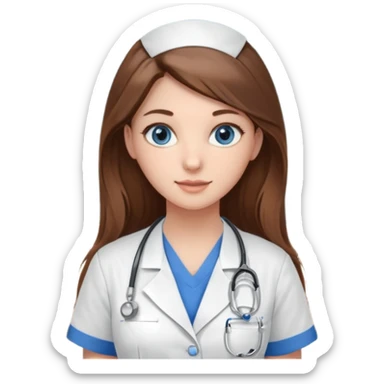 university classroom that says nursing school on the board with a pretty female nursing student with long brown hair, blue eyes sticker