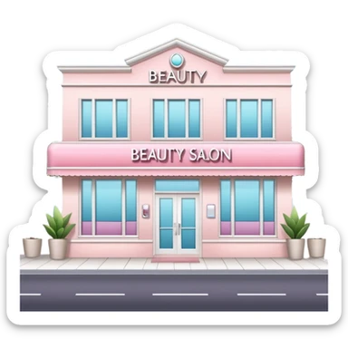 Modern beauty salon building with a stylish illuminated sign that says BEAUTY SALON on the front. Elegant exterior design, large clean windows, soft pastel colors, minimalistic decorations, welcoming atmosphere, daytime, high-quality detailed render sticker