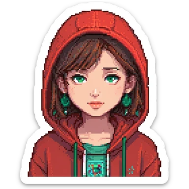 A pixel art girl with brown eyes, short brown hair without bangs, and a septum piercing, wearing a red hoodie. sticker