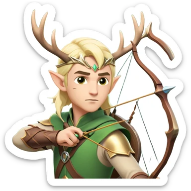clash-of-clans-aesthetic-blond-male elf-archer-portrait-emoji, rendered in a flat, vector-style with minimal shading and bold holding his bow, simplified shapes, head tilted slightly forward with a determined, focused expression, riding a majestic stag whose antlers glow with mystical energy, set against an ancient, enchanted forest backdrop. sticker