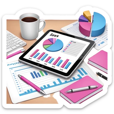 tablet on a desk with papers and pens showing data analysis stuff on it pink sticker