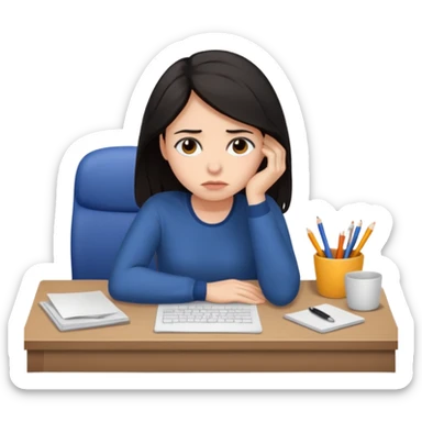  iOS emoji style - An sad and overwhelmed woman sitting at a desk. She has dark hair. sticker