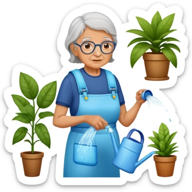 Old woman wearing a water pack watering house plants sticker