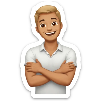 A guy laughing with his arms crossed holding his neck sticker