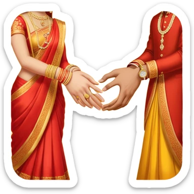 Two hands in a engagement..One hand of groom and one hand of bride. Bride hand - red/yellow saree. groom- light orange punjabi (oonly hands will be visible in the image). Groom's hand is holding a ring sticker