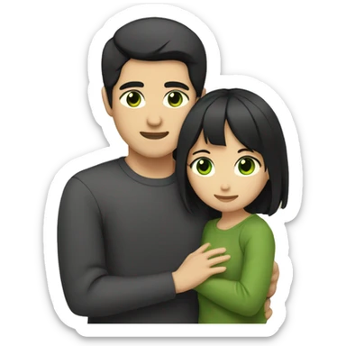 Asian man with black hair and green eyes hugging girl with a dark brown hair and eyes sticker
