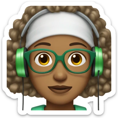 a woman with light brown skin, black eyes and black short curly hear, wearing white headphones and glasses with a green frame, small freckles sticker
