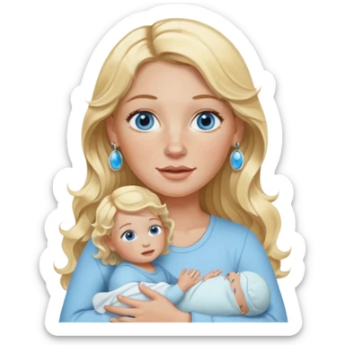 Wavy blonde, white woman with blue eyes, freckles hoop earrings, holding babies sticker