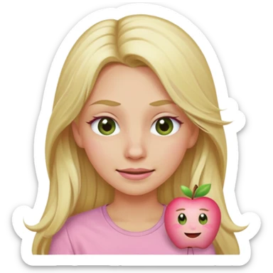 blonde with long hair and swamp-colored eyes, wearing a pastel pink shirt, winking, iOS Apple emoji style sticker