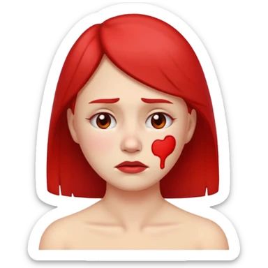 woman emoji with sad face, red patches on jawline and neck, showing discomfort from shaving burn sticker