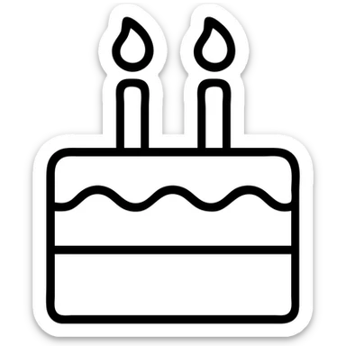 birthday cake with two flowing candles, icon style, clean lines, simple and recognizable sticker