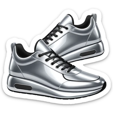 A pair of futuristic sneakers emoji made of silver chrome, sleek streetwear design, smooth metallic panels, subtle reflections, luxury swag aesthetic, iOS emoji style, centered, clean white background sticker