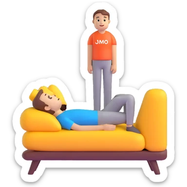 Slack emoji for JOMO (joy of missing out), showing a relaxed person enjoying solitude, with the acronym 'JOMO' clearly included, modern emoji style sticker