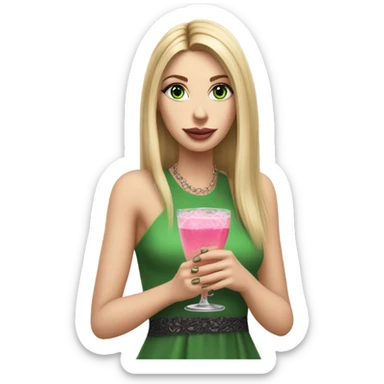Realistic White girl with Long straight blonde hair, green eyes, tattoos, full body wearing dress and High heels, holding pink drink sticker