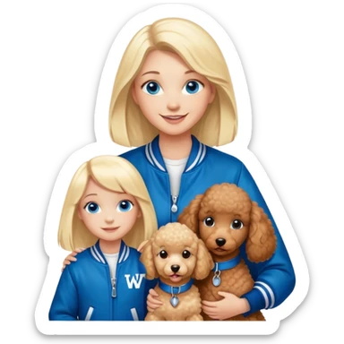 smiling mother in letterman jacket with W and Blue eyes, two Little girls Long blond straight hair and Blue eyes and one brown poodle puppie sticker