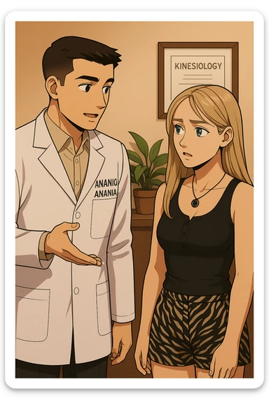 fai un webtoon/manga a colori con questo kinesiologo in camice bianco (fagli la scritta "ANTONIO ANANIA" SUL CAMICE) CHE PARLA CON QUESTA RAGAZZA CON GLI OCCHI AZZURRI. la ragazza gli fa una domanda preoccupata e IL KINESIOLOGO CON IL CAMICE BIANCO LE risponde. NON FARE I FUMETTI, FAI SOLO LORO COME SE DIALOGASSERO sticker