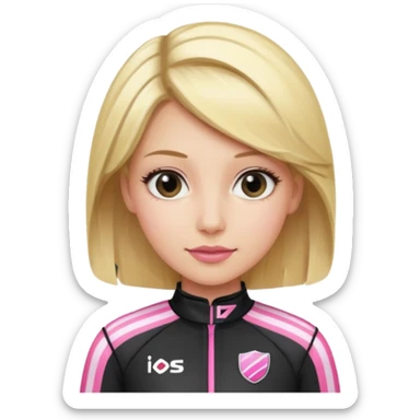 blonde woman with black racing outfit with pink strips sticker