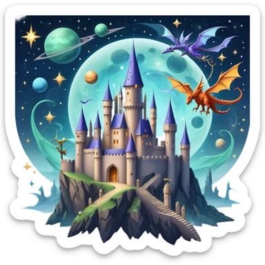 Icon for Fantasy and Sci-Fi Movies: A magical collage with flying dragons and futuristic spaceships. Stars and planets shimmer in the background with a mystical castle Hogvards and an ancient wizard holding a staff. The atmosphere is epic, otherworldly and adventurous. Transparent background. sticker