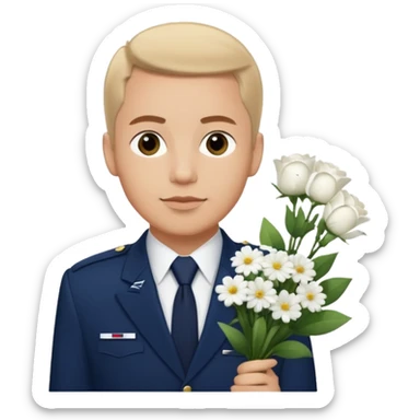 Homme avec bouquet fleurs blanches, avec uniforme bleu foncé cravate rouge comme Air France  sticker