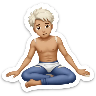 Man on the floor exhausted covered in white lotion sticker