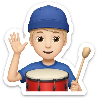 A young boy with a cap, wearing team colors, banging a small drum excitedly. sticker