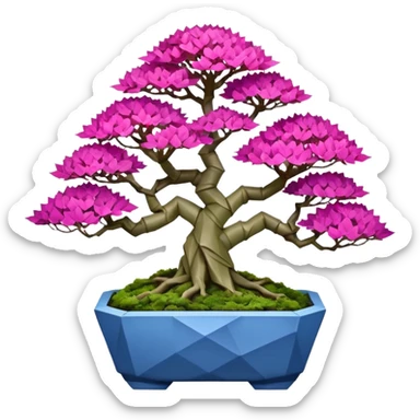 Futuristic wild et alien moss maples Bonsai hair-fine-leaf group crimson crystal azalea purple and cream pink blue informal forest planting in shallow slab origami style pot  sticker
