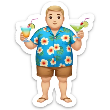 chubby guy full figure in a flowered azure havai shirt, brown shorts and flippers holding a cocktail sticker