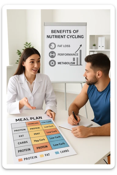 a nutritionist explains to an athlete how to cycle macronutrients for fat loss and training. On the desk, a weekly meal planner shows alternating high-carb and low-carb days, with color-coded sections for proteine, grassi, and carbo. The athlete takes notes, and a chart in the background illustrates the benefits of nutrient cycling. The mood is professional and educational. scritto in italiano sticker