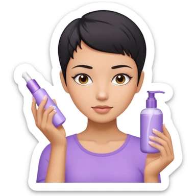 tan girl with pastel purple shirt with black hair & a pixie, doing her skin care sticker