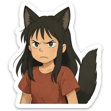 A girl with black fox ears and a tail, green eyes, dark hair, looking angry sticker