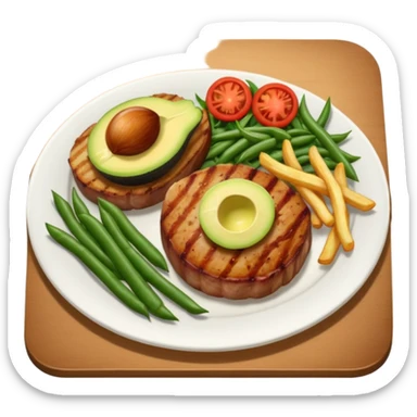 pork chops, fries, tomato onion salad, beans, and avocado  sticker