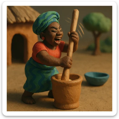 scene of Nigerian woman energetically pounding yam, visible motion, traditional clothing, handcrafted effect, claymation style sticker